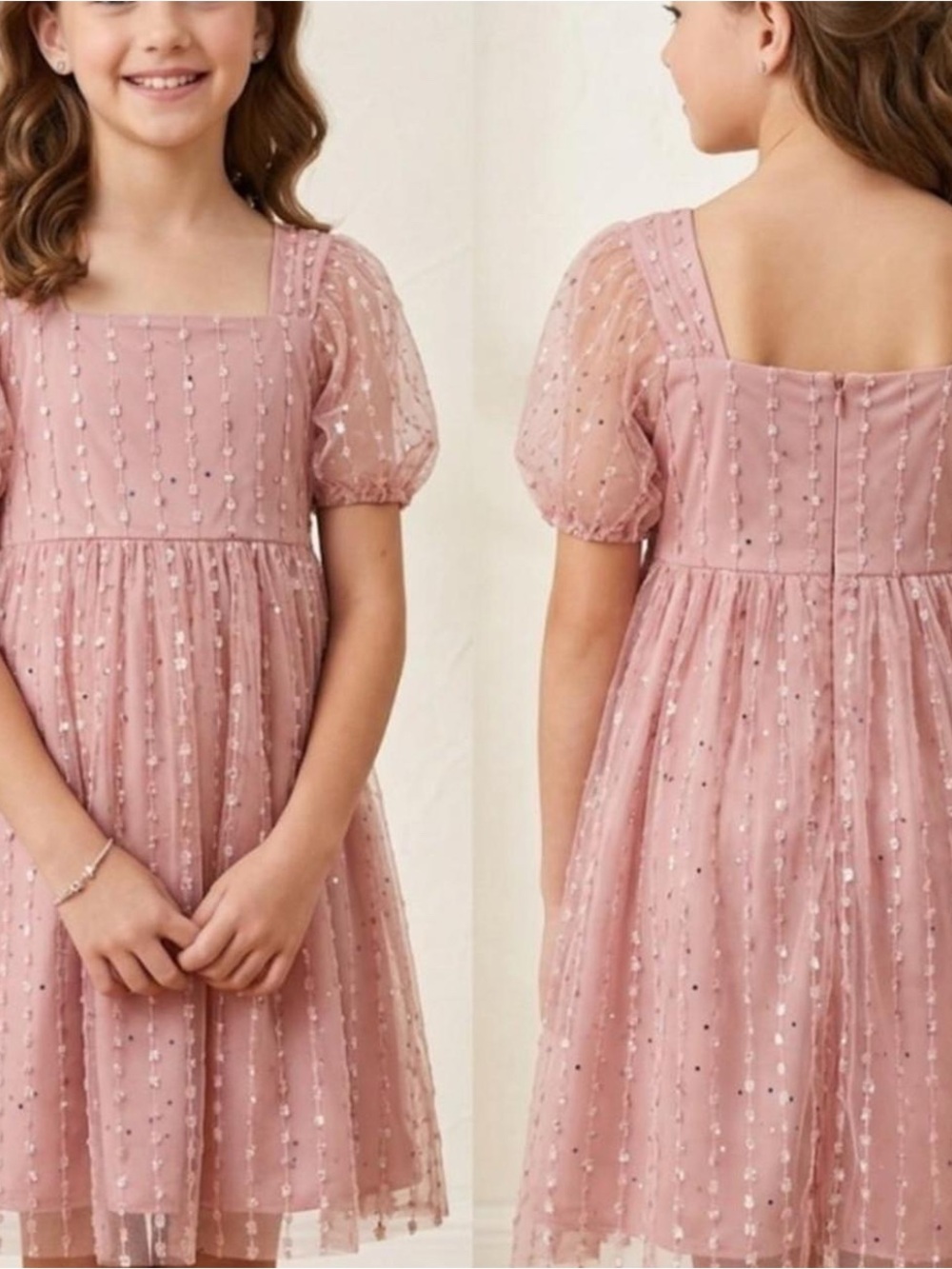 wonder nation Blush Pink Sequin Tulle Puff Sleeve Dress
